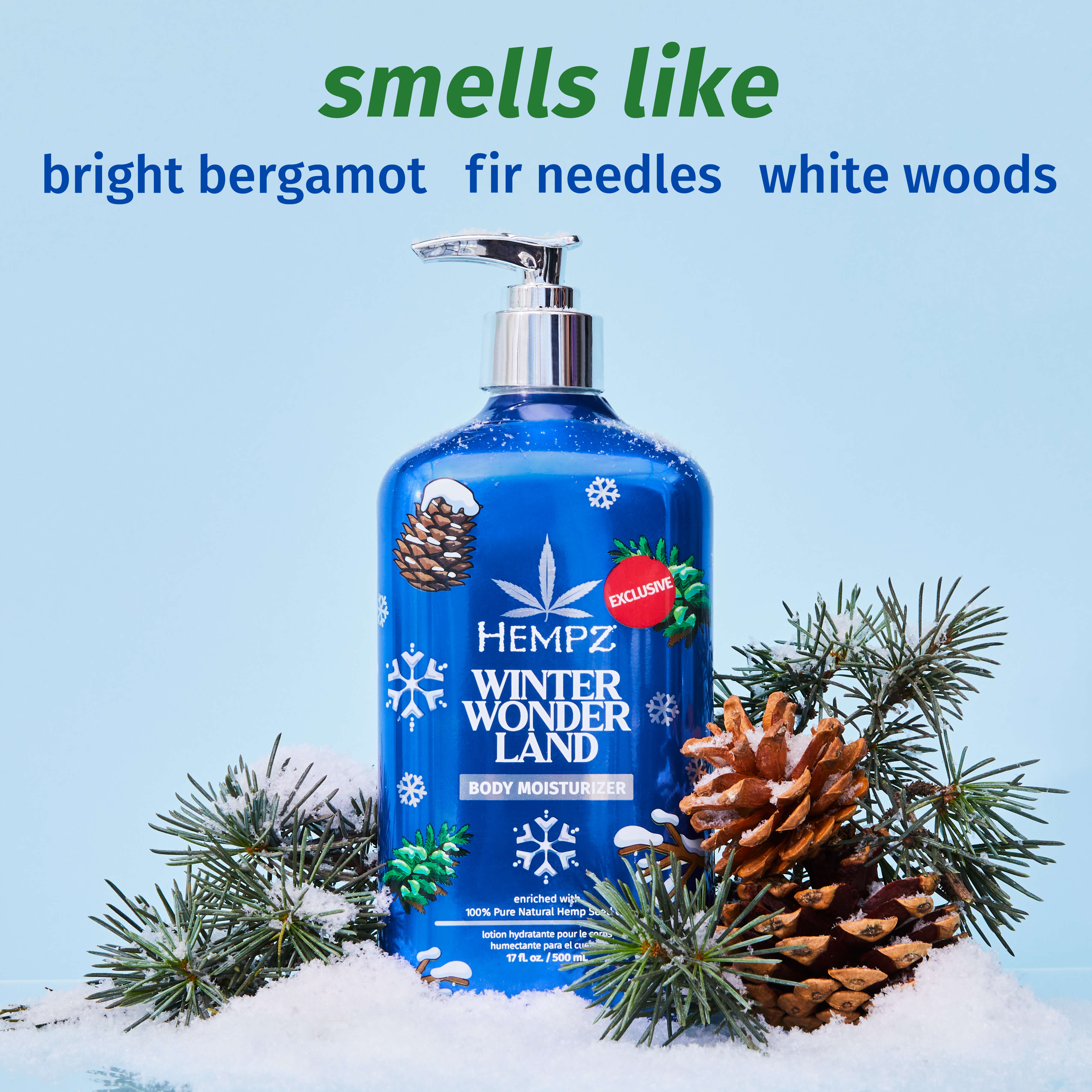 Hempz Winter Wonderland lotion with notes of bright bergamot, fir needles & white woods