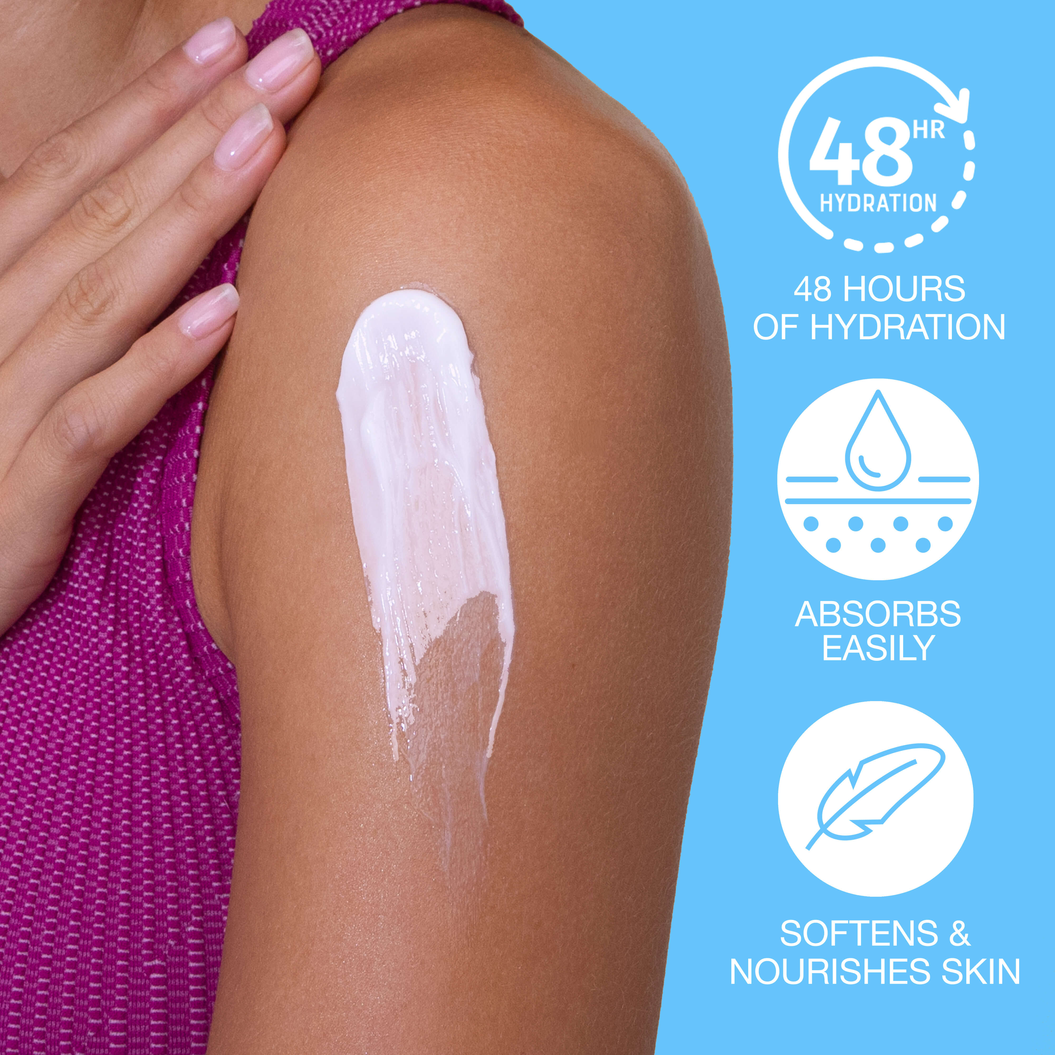 Woman applying cream to her arm with product features highlighted on a blue background