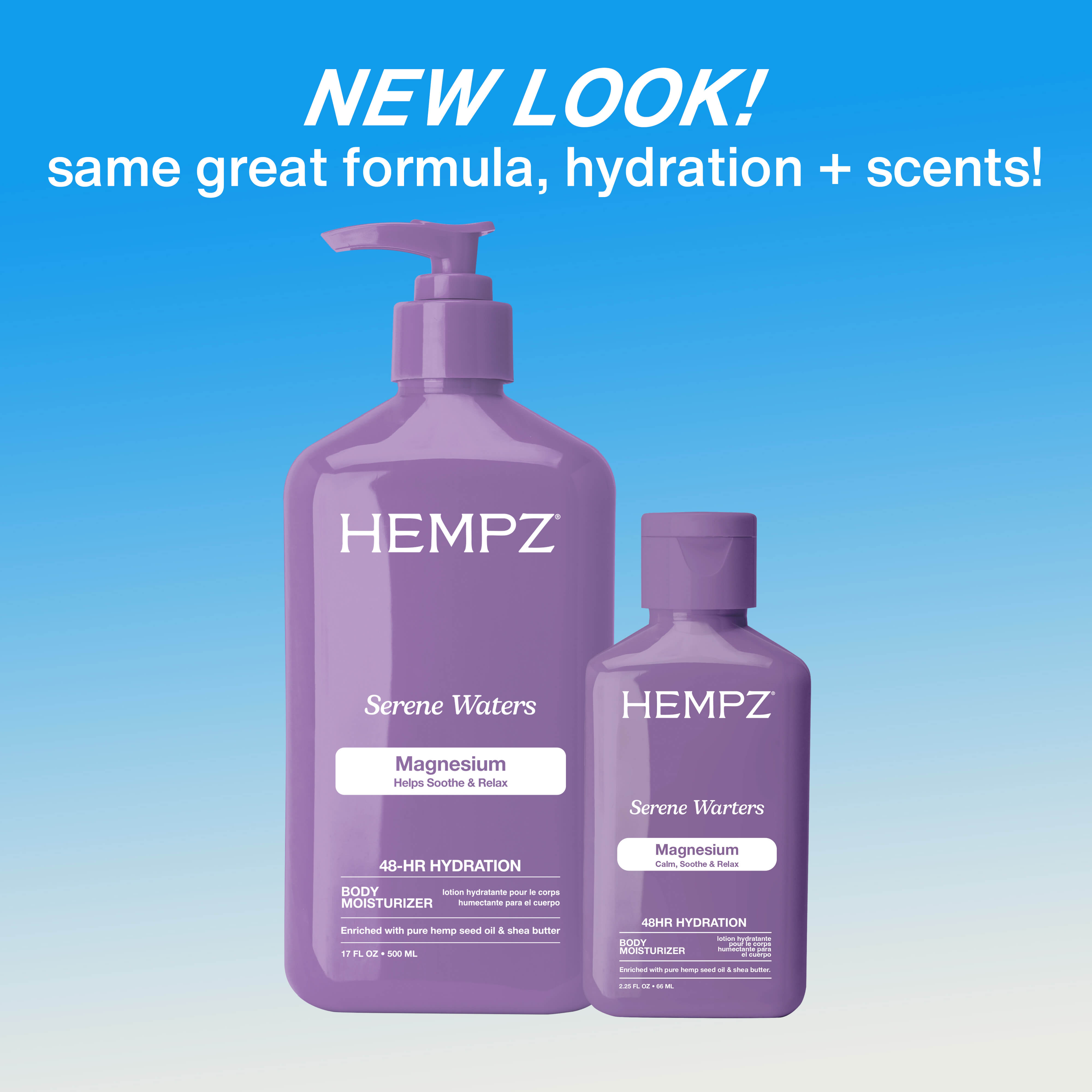 Hempz Serene Waters with Magnesium bottles on a blue gradient background with text about new look and hydration.