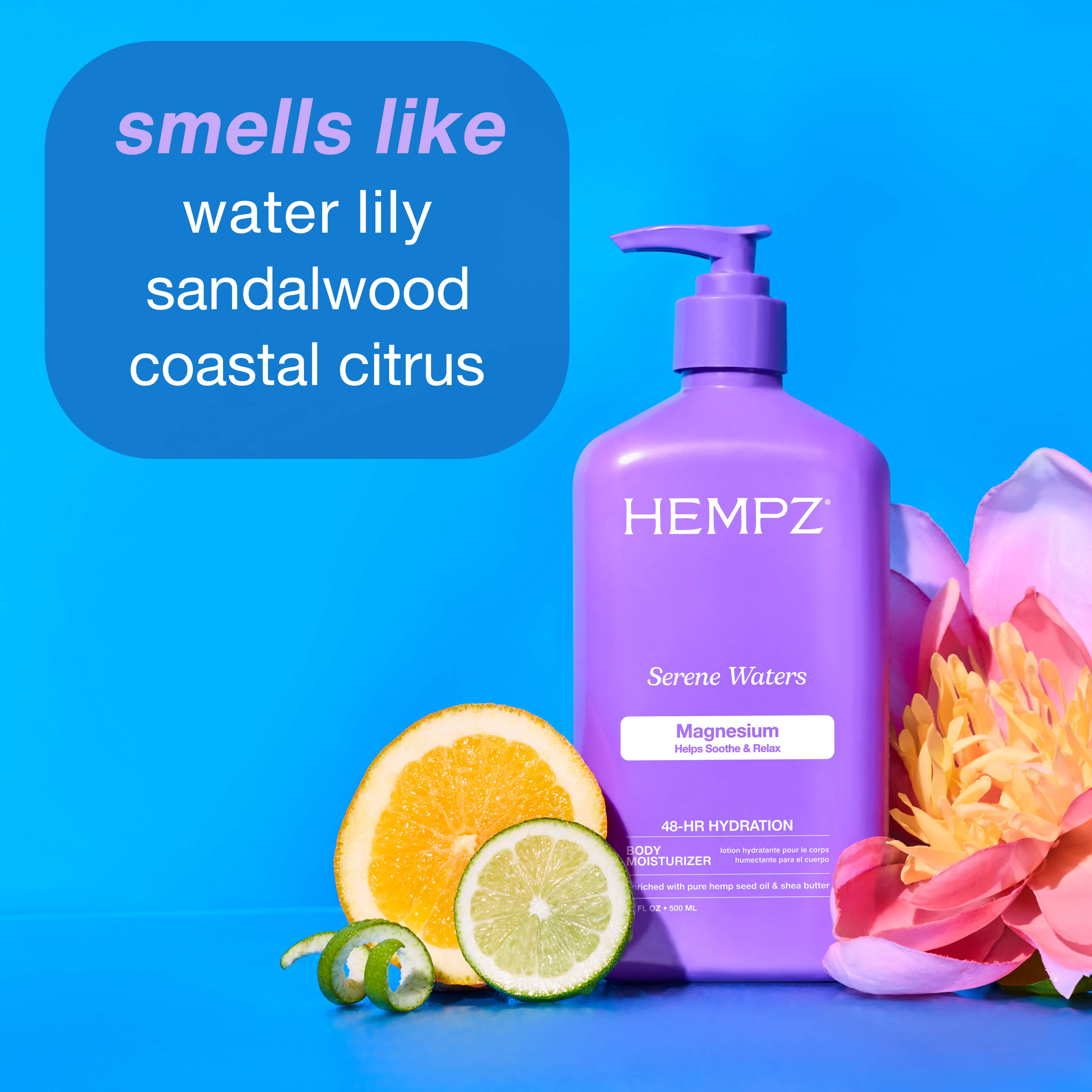 Hempz Serene Waters with Magnesium bottle with floral and citrus elements on a blue background