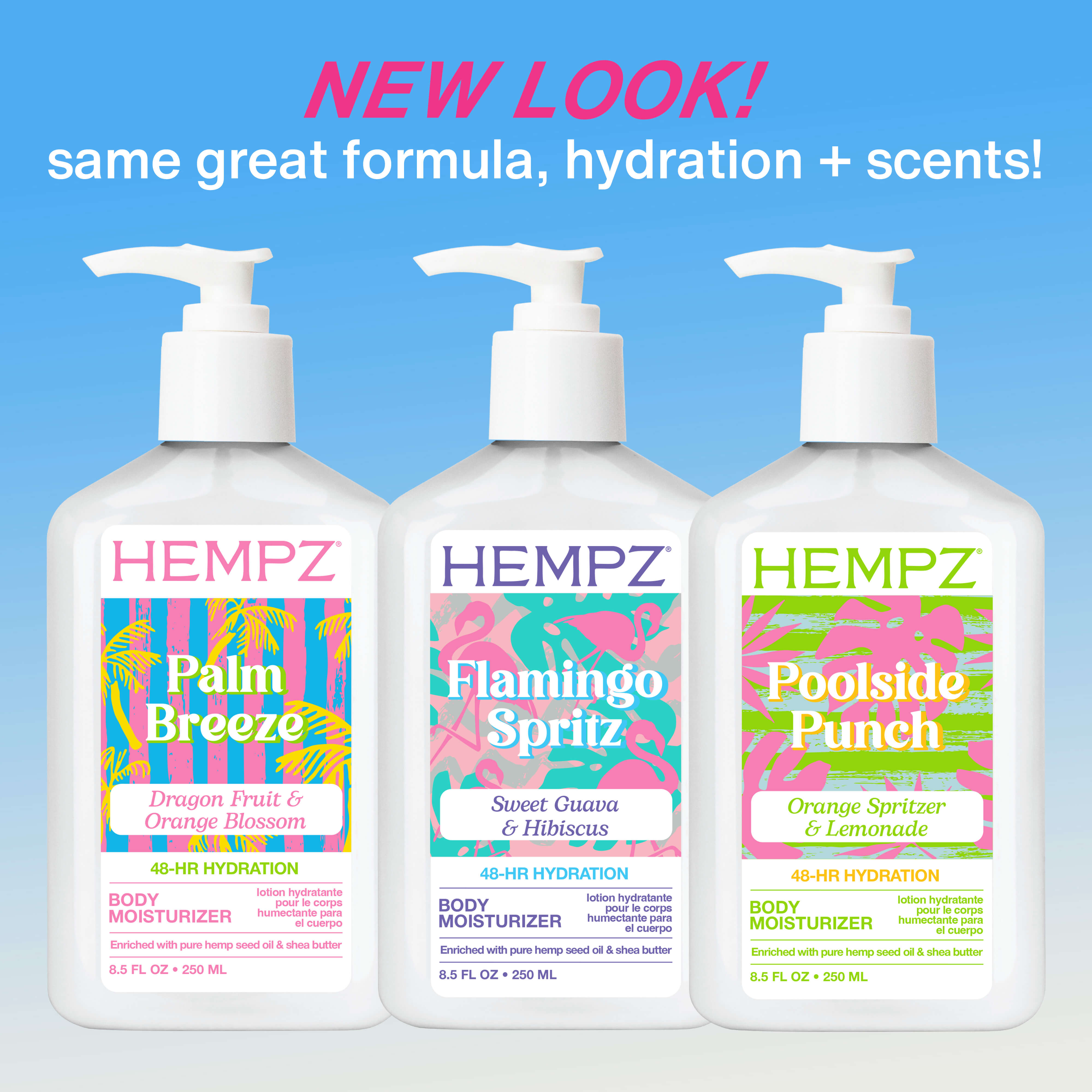 Three Hempz Palm Springs body moisturizer bottles with colorful labels on a blue background