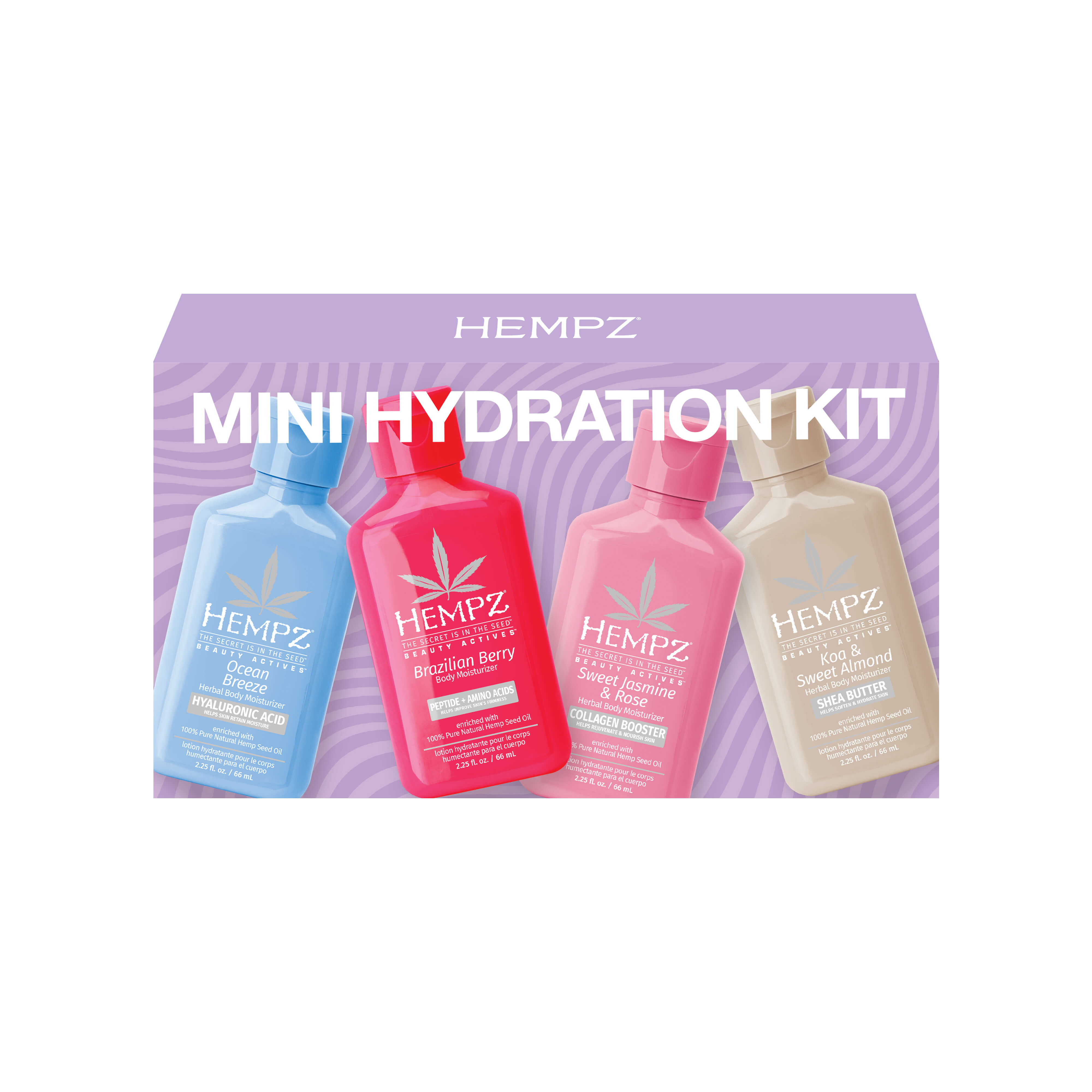 Hempz Mini Hydration Kit packaging with four bottles on a white background