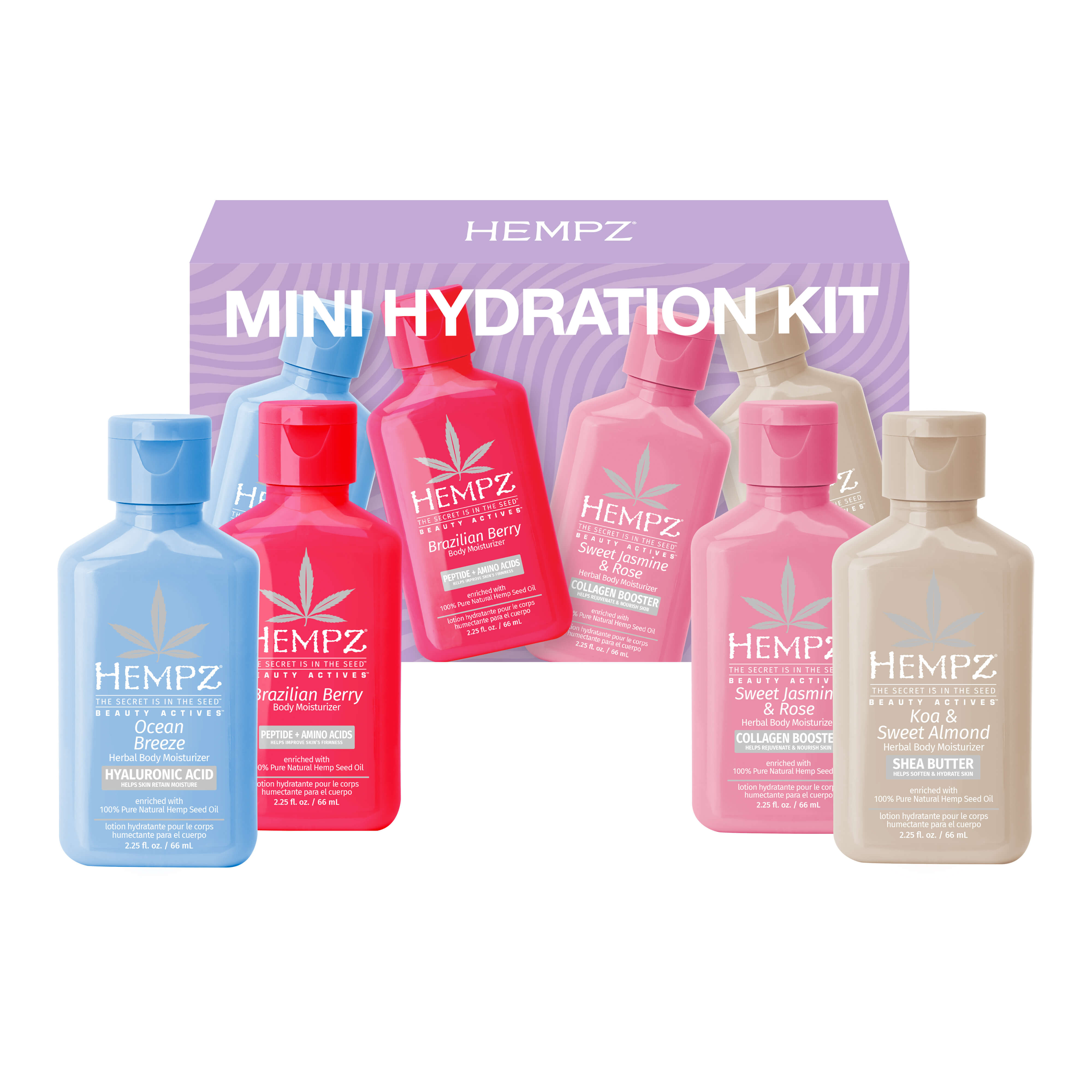 Hempz Mini Hydration Kit with various bottles on a white background